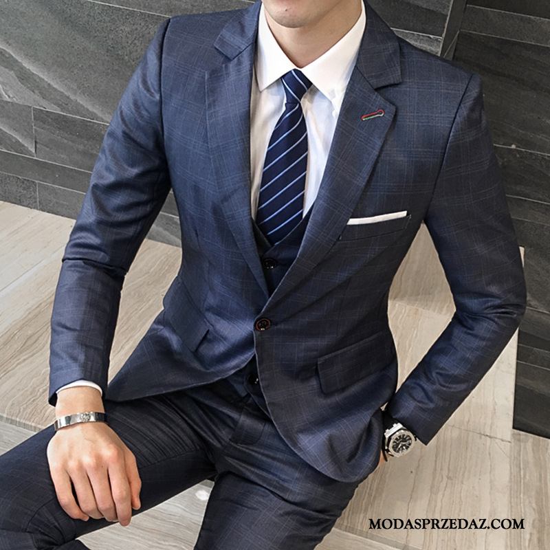 Garnitur Męskie Na Sprzedaż W Kratę Slim Fit Casual Moda Biznes Niebieski Fioletowy