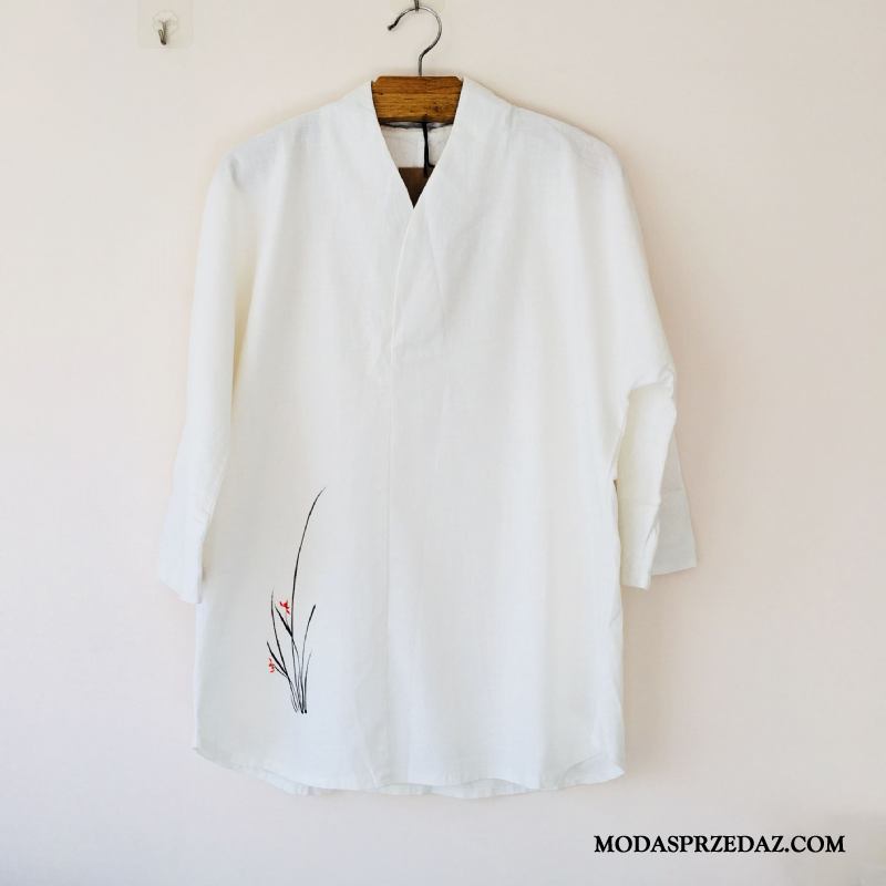Koszula Męskie Online Chiński Styl Vintage Bez Szyj Rękawy Męska Biały