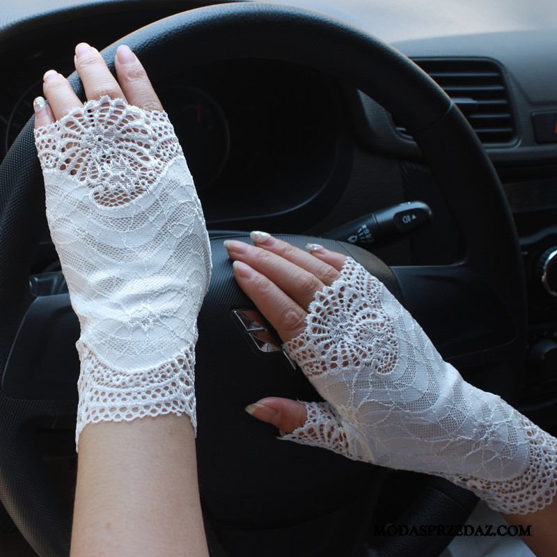 Rękawiczki Damskie Tanie Ochrona Przed Słońcem Sukienka Lato Damska Pół Palca Biały