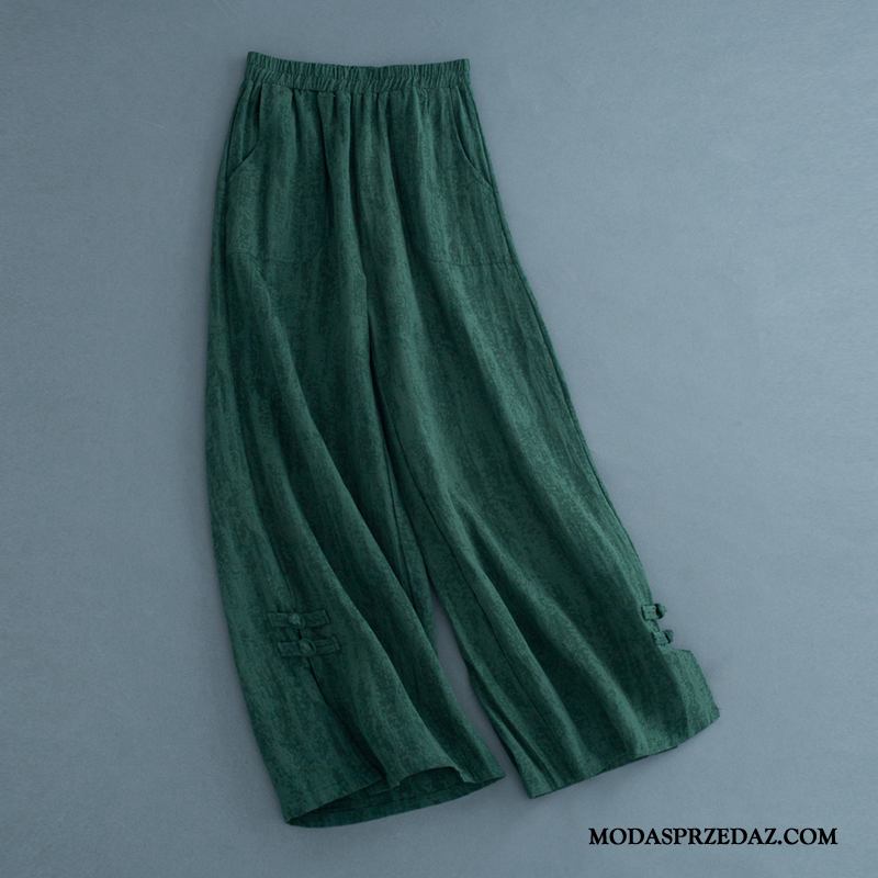 Spodnie Damskie Online Bawełna I Len Jesień Art Elastyczne Vintage Zielony