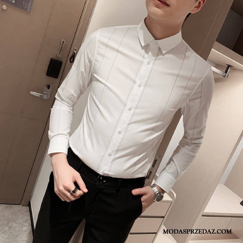 Koszula Męskie Na Sprzedaż Długi Rękaw W Paski Piękny Męska Slim Fit Biały