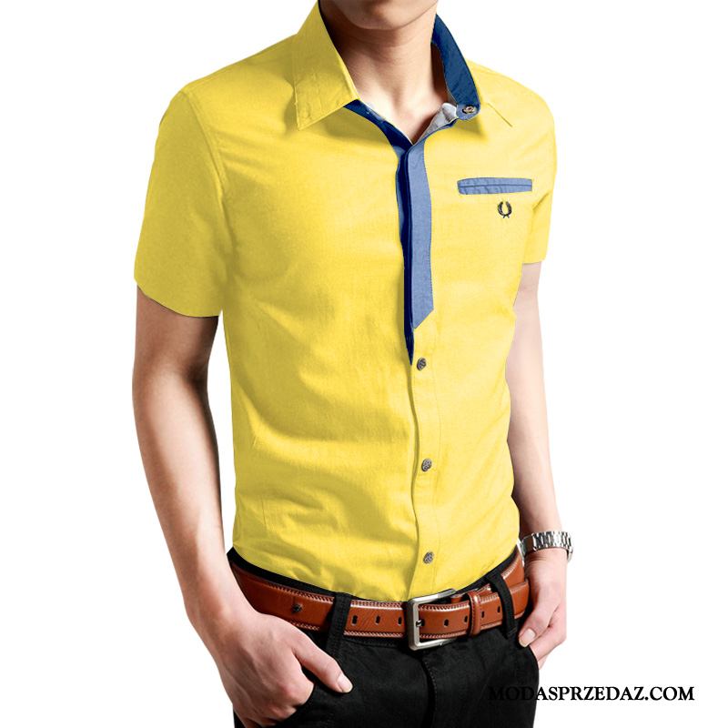 Koszula Męskie Tanie Koszula Z Krótkim Rękawem Młodzież Tendencja Męska Bawełna Jasnożółty