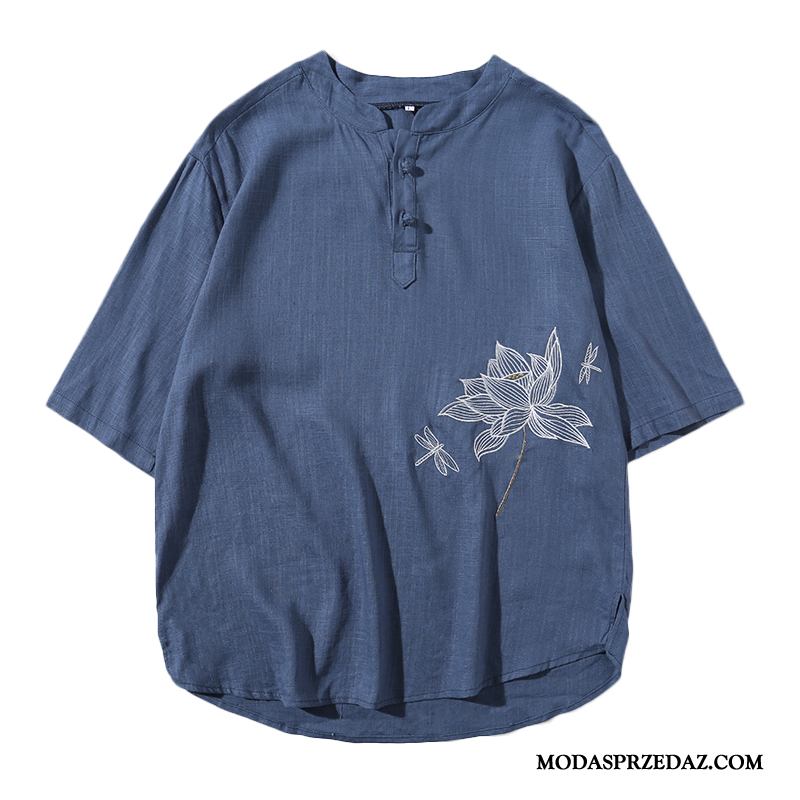Koszulki Męskie Kup Krótki Rękaw T-shirt Cienkie Kwiaty Nowy Niebieski