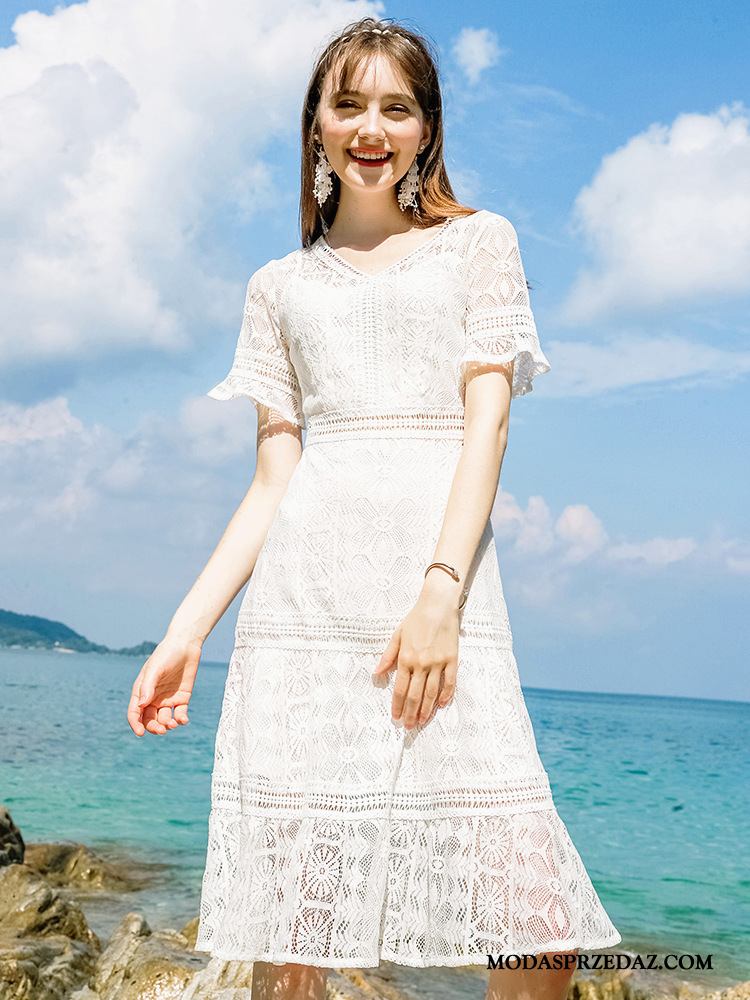 Sukienka Damskie Online Cienkie Damska Świeży 2019 Koronkowe Biały