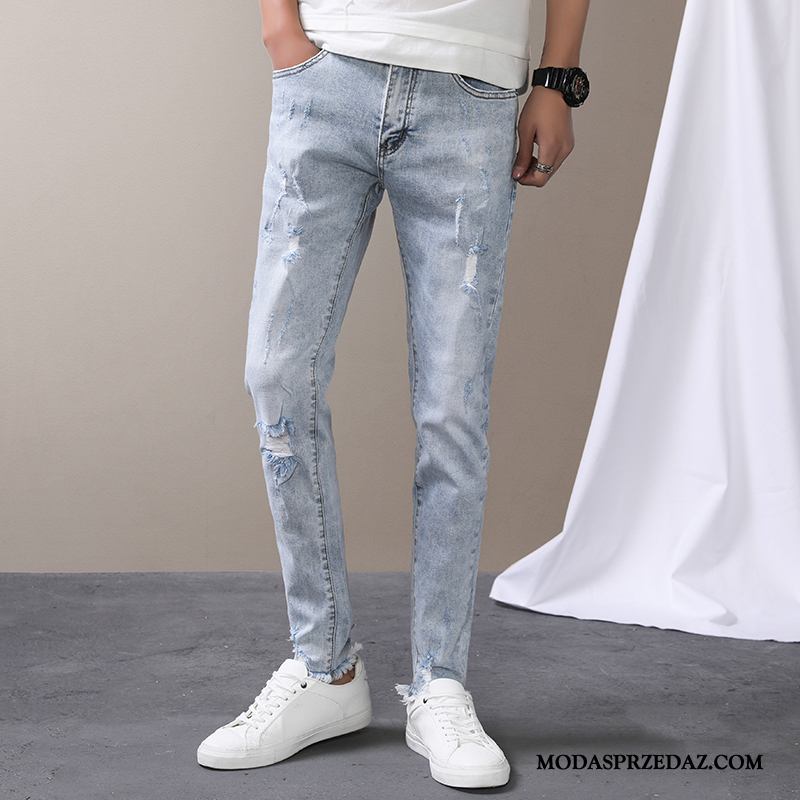 Jeansy Męskie Oferta Mały Slim Fit Denim Tendencja Z Dziurami Niebieski Biały Jasny