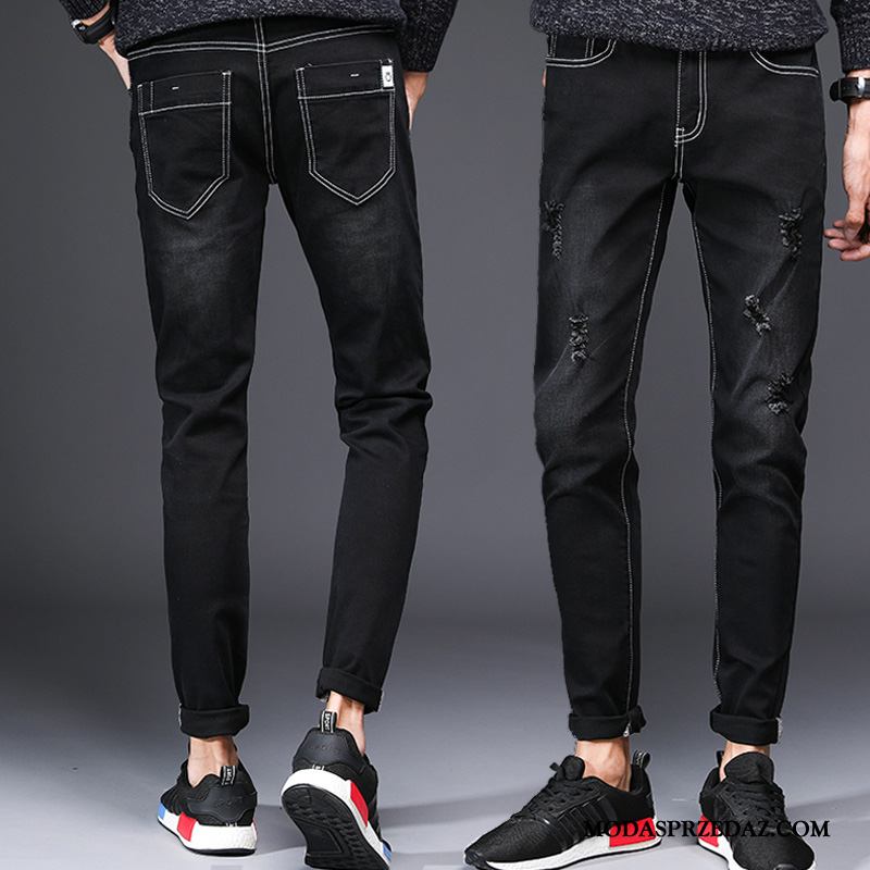 Jeansy Męskie Oferta Mały Slim Fit Denim Tendencja Z Dziurami Niebieski Biały Jasny