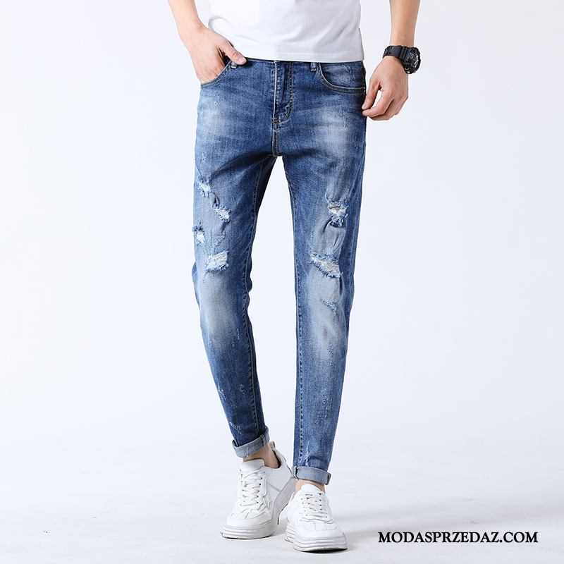 Jeansy Męskie Oferta Mały Slim Fit Denim Tendencja Z Dziurami Niebieski Biały Jasny