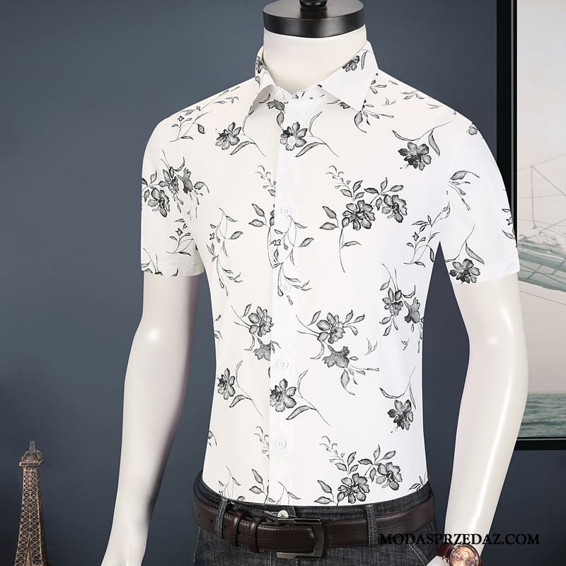Koszula Męskie Online Drukowana Krótki Rękaw Tendencja Kwiaty Piękny Biały