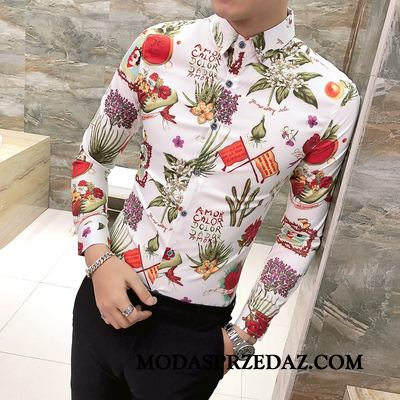 Koszula Męskie Sprzedam Kwiaty Wiosna Slim Fit Męska Mały Biały