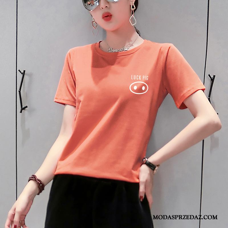 Koszulki Damskie Sprzedam Okrągły Dekolt Krótki Rękaw Lato Bawełna Nowy Biały Pomarańczowy