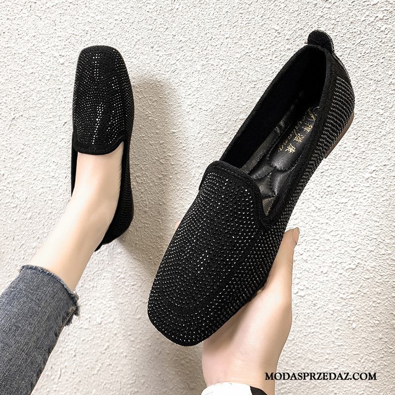 Mokasyny Damskie Tanie Kwadratowa Głowa Loafers Damska Buty Slip On Czarny