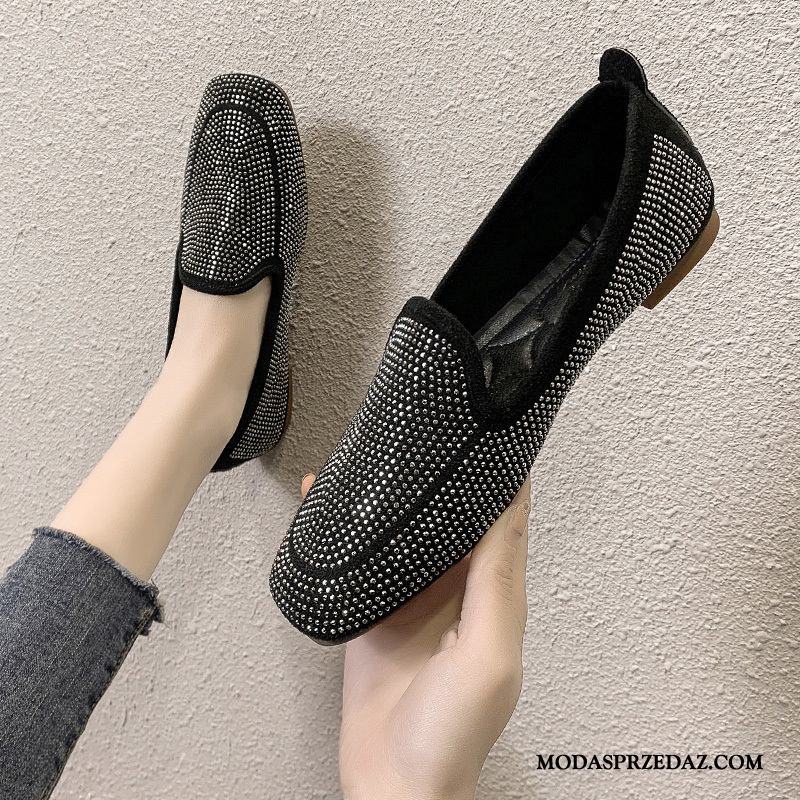 Mokasyny Damskie Tanie Kwadratowa Głowa Loafers Damska Buty Slip On Czarny