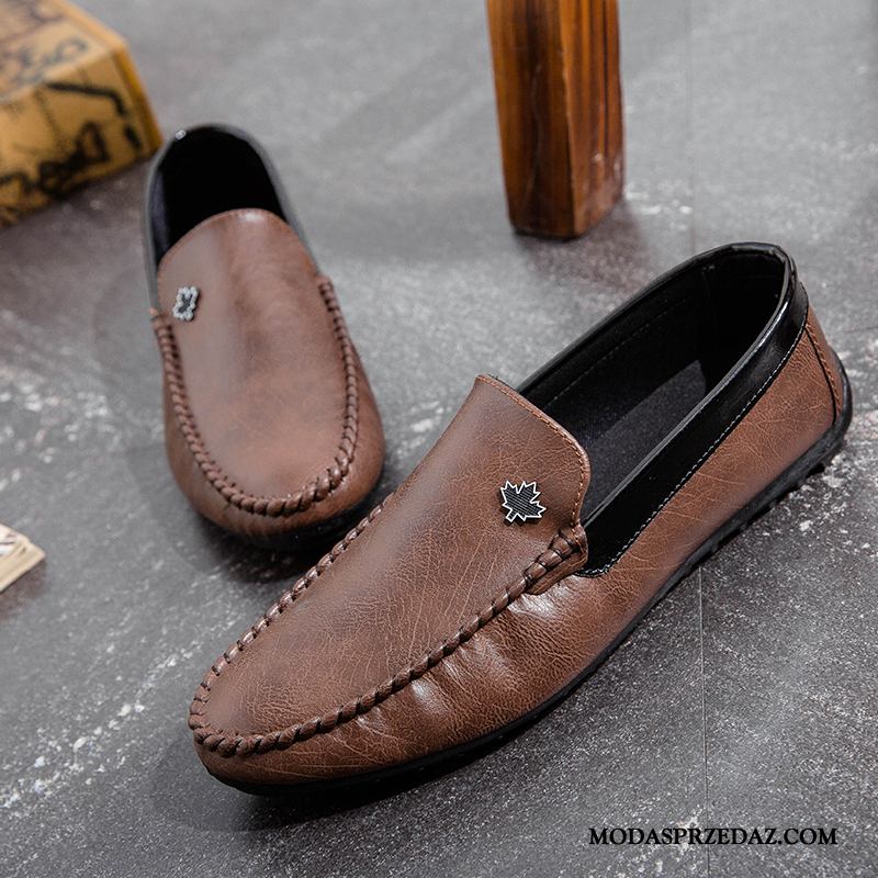 Mokasyny Męskie Dyskont Slip On Casual Skórzane Buty Buty Żeglarskie Męska Brązowy