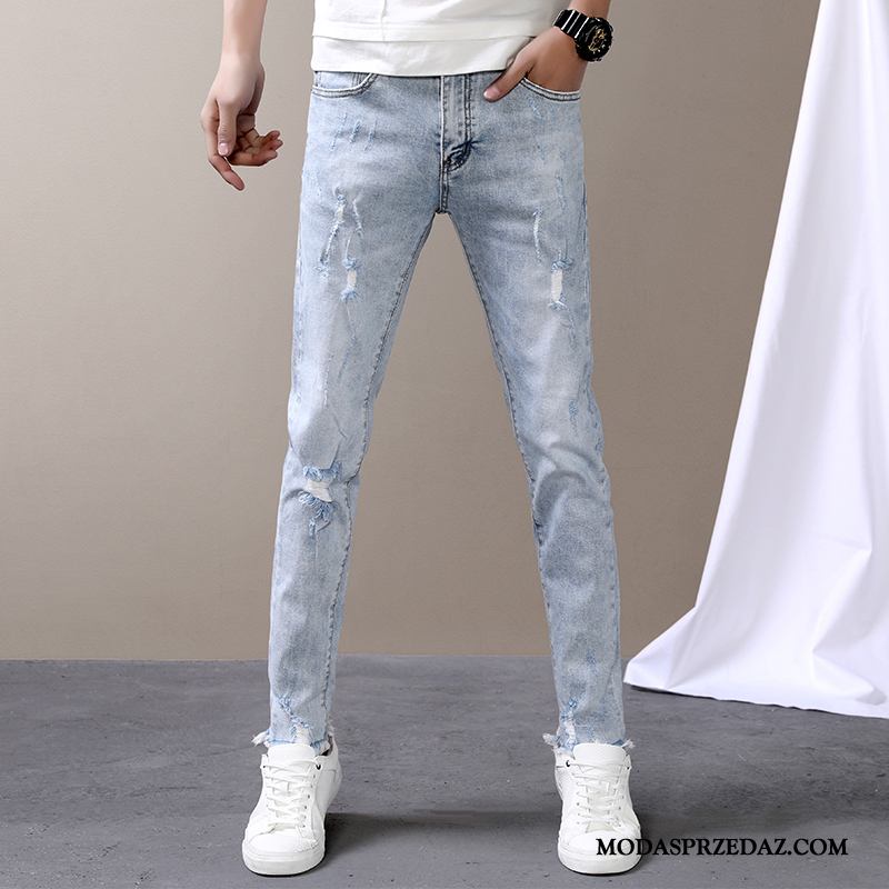 Jeansy Męskie Oferta Mały Slim Fit Denim Tendencja Z Dziurami Niebieski Biały Jasny