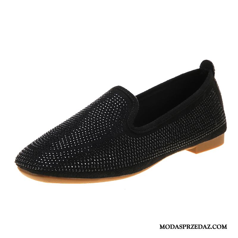 Mokasyny Damskie Tanie Kwadratowa Głowa Loafers Damska Buty Slip On Czarny