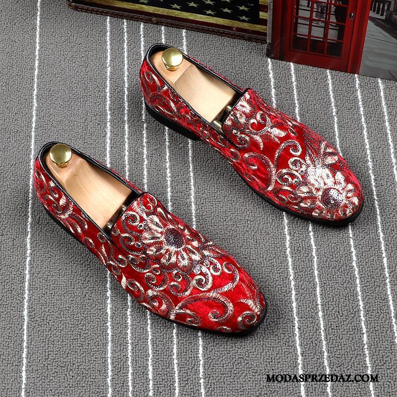 Mokasyny Męskie Sprzedam Z Haftem Męska Skórzane Buty Slip On Moda Czerwony