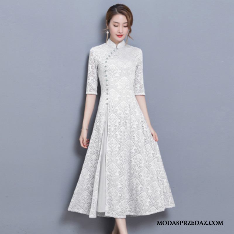 Sukienka Damskie Online Chiński Styl Nowy Cheongsam Długie Wiosna Biały