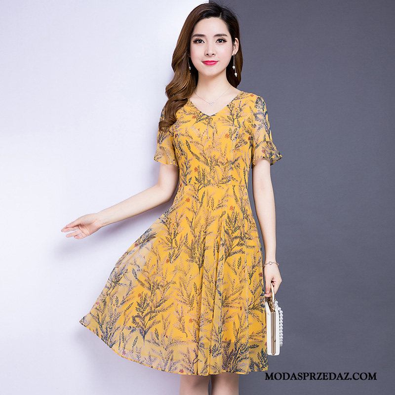 Sukienka Damskie Sklep 2019 Kwiatowa Gazy Szycie Nowy Cielisty Żółty