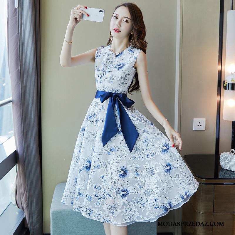 Sukienka Damskie Tanie Świeży 2019 Podkoszulek Jesień Kwiatowa Niebieski